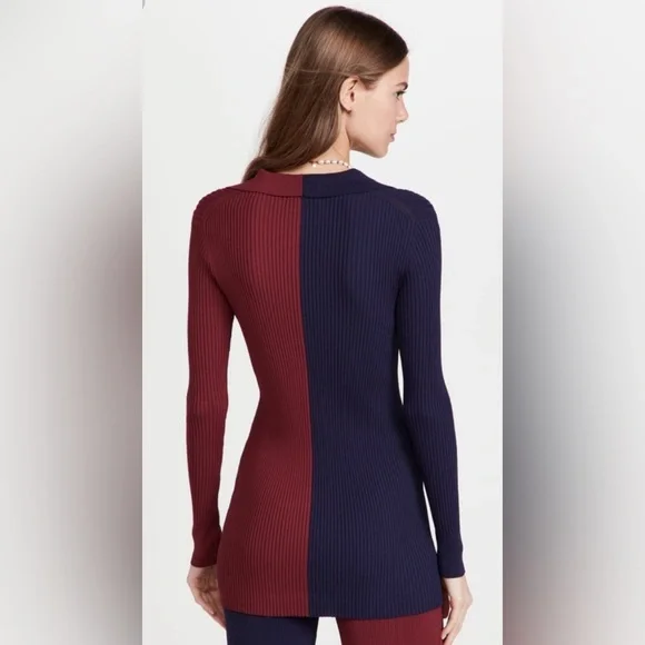Staud Top Colorblock Ribbed Knit Shirt | Navy & Brick Red NTW - Picture 3 of 8